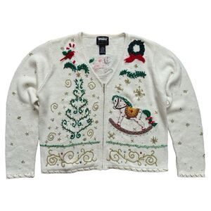 Vintage 90s Designers Originals Studio Christmas Sweater M Rocking Horse Tree